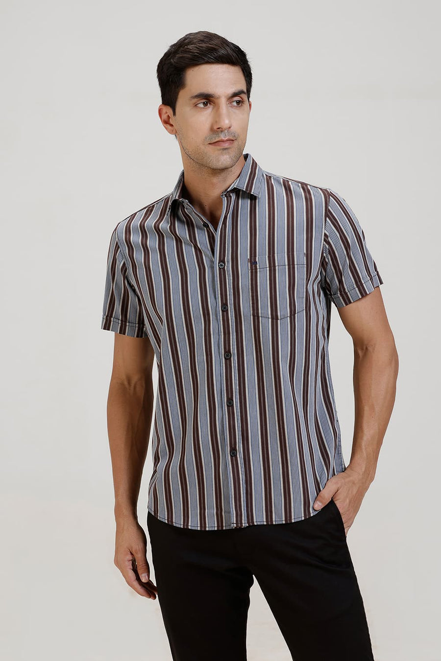 BASICS SLIM FIT SEAL BROWN TWILL STRIPE HALFSLEEVES SHIRT
