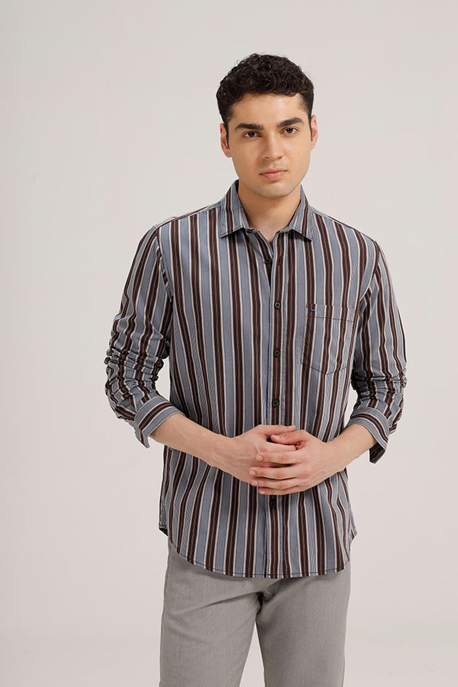 BASICS SLIM FIT SEAL BROWN TWILL STRIPE SHIRT