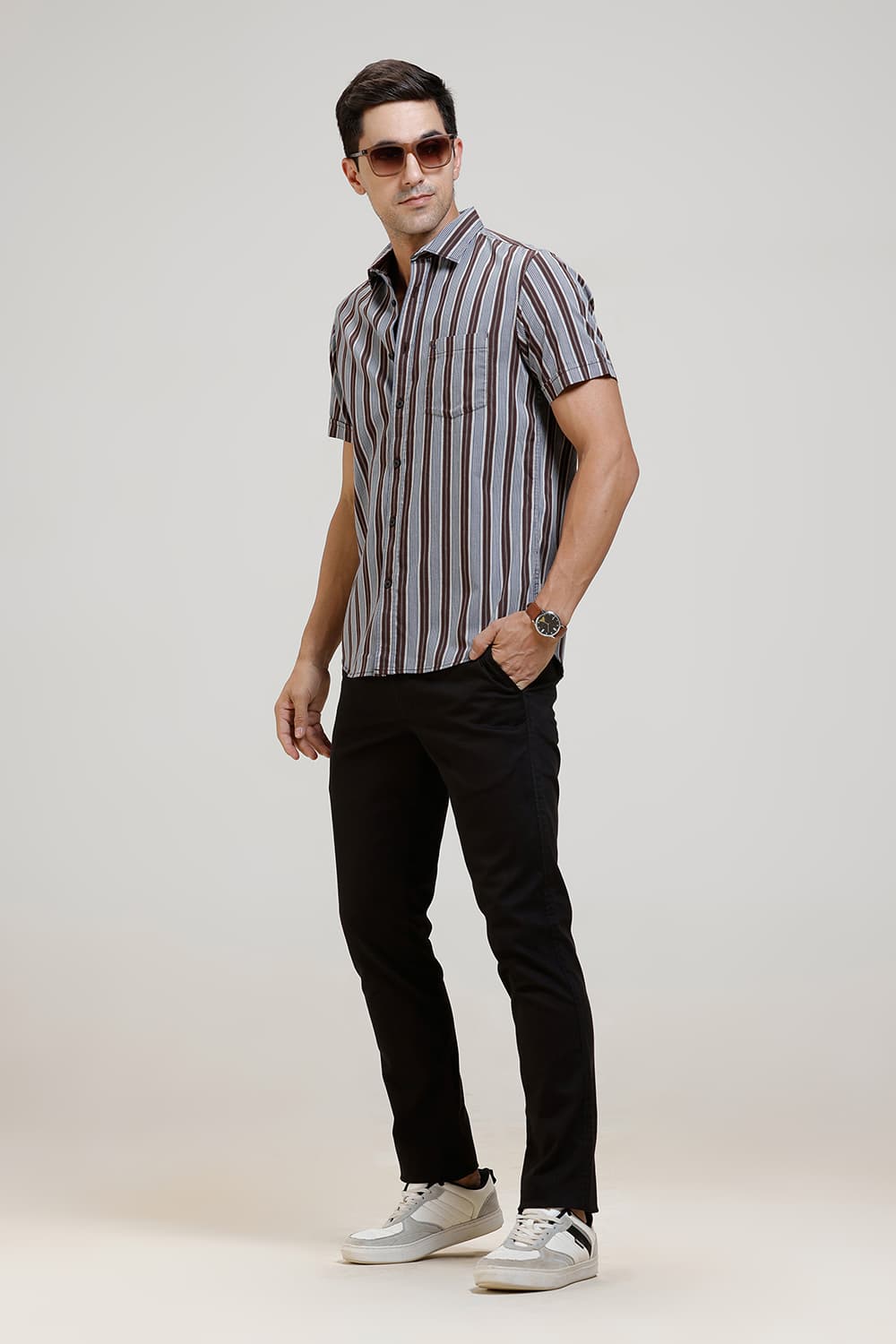 SLIM FIT TWILL STRIPE HALFSLEEVES SHIRT