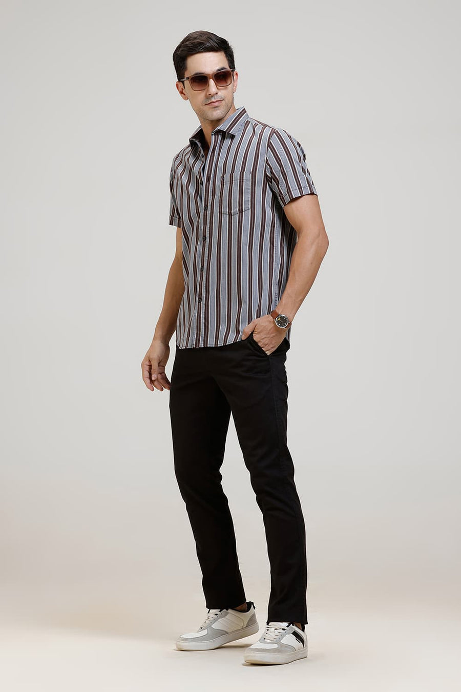 BASICS SLIM FIT SEAL BROWN TWILL STRIPE HALFSLEEVES SHIRT