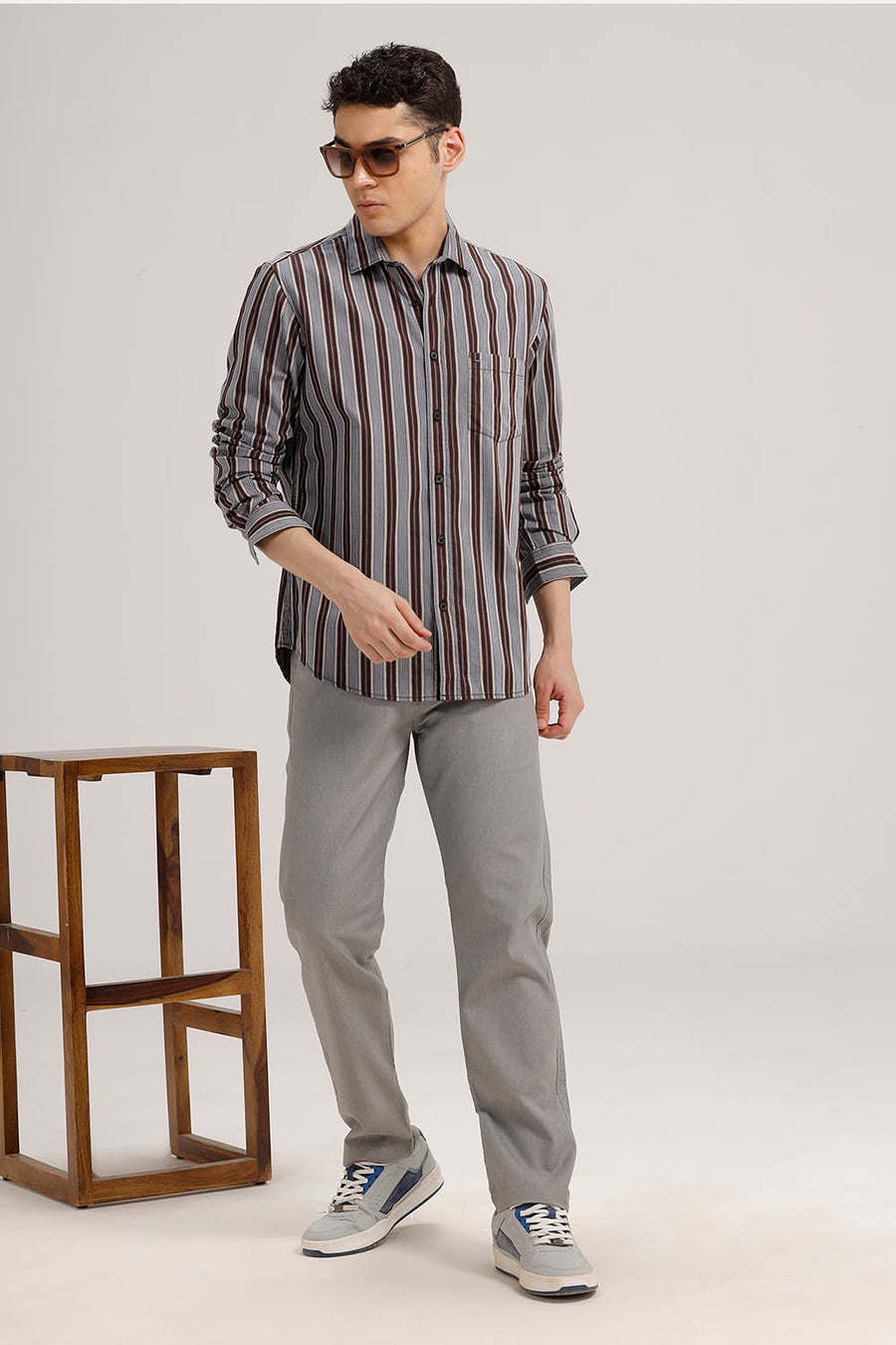 BASICS SLIM FIT SEAL BROWN TWILL STRIPE SHIRT