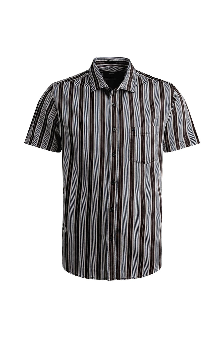 BASICS SLIM FIT SEAL BROWN TWILL STRIPE HALFSLEEVES SHIRT