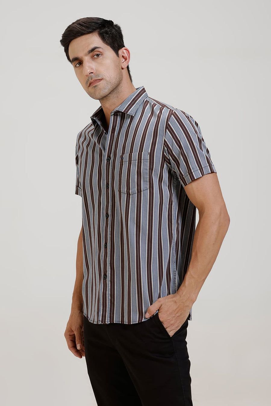 BASICS SLIM FIT SEAL BROWN TWILL STRIPE HALFSLEEVES SHIRT