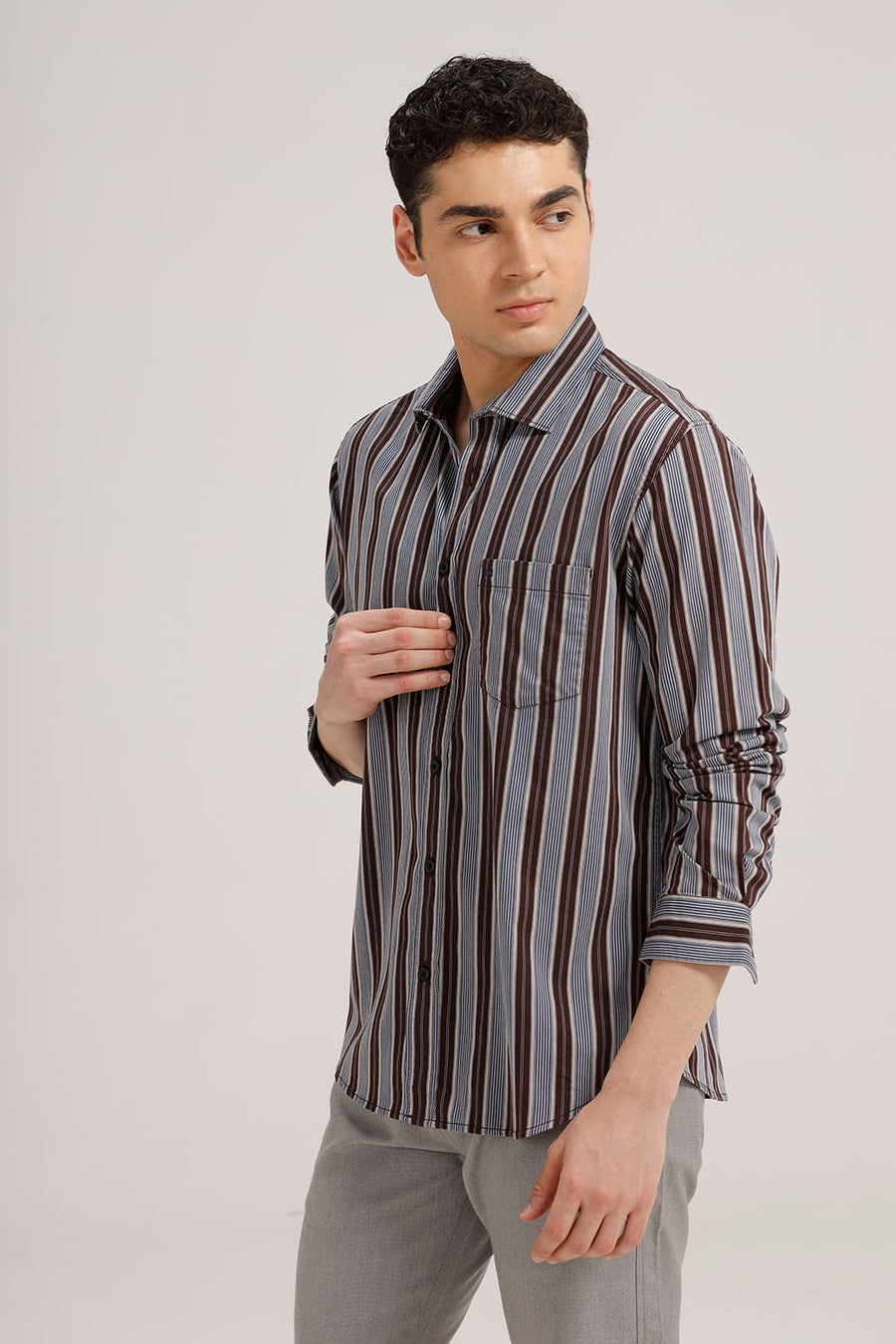BASICS SLIM FIT SEAL BROWN TWILL STRIPE SHIRT