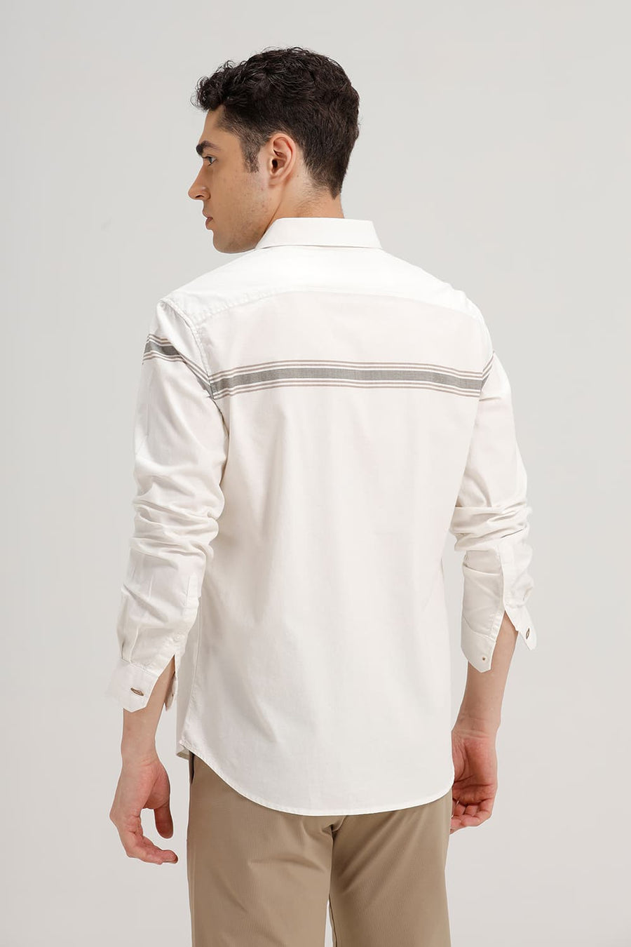 BASICS SLIM FIT YELLOW FOSSILS COTTON OXFORD ENGINEERING WEFT STRIPE SHIRT
