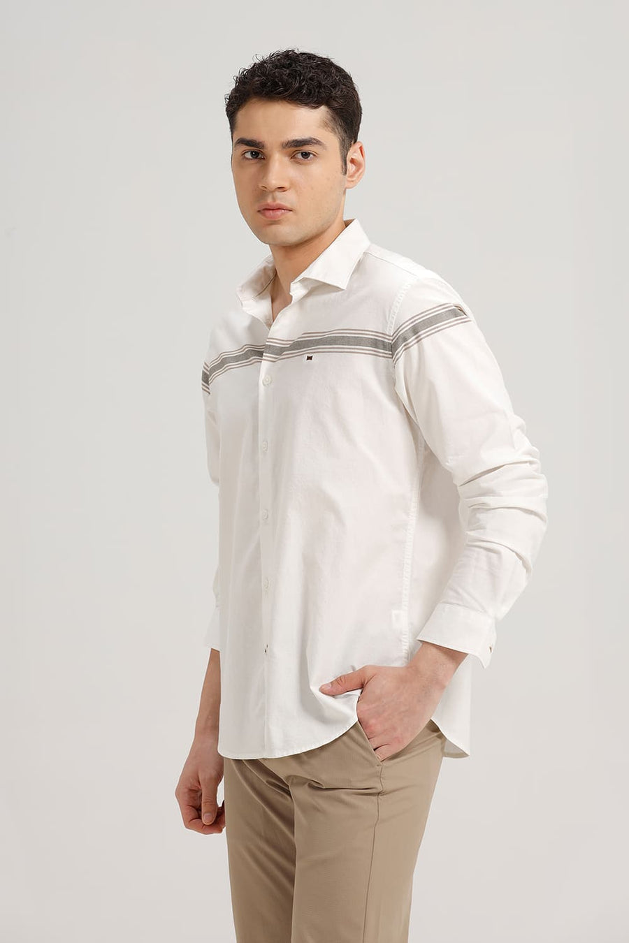BASICS SLIM FIT YELLOW FOSSILS COTTON OXFORD ENGINEERING WEFT STRIPE SHIRT