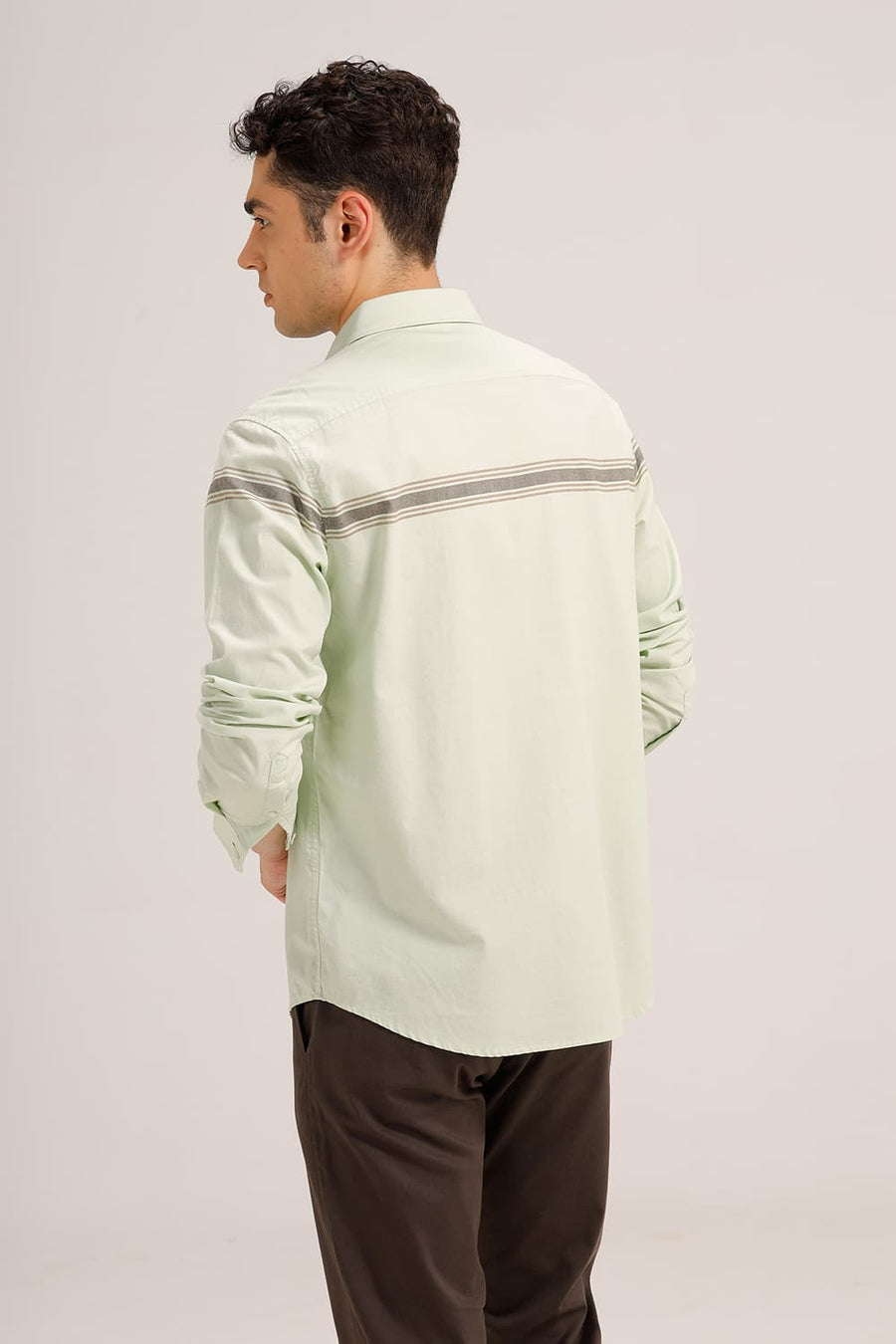 BASICS SLIM FIT SEAFOAM GREEN COTTON OXFORD ENGINEERING WEFT STRIPE SHIRT