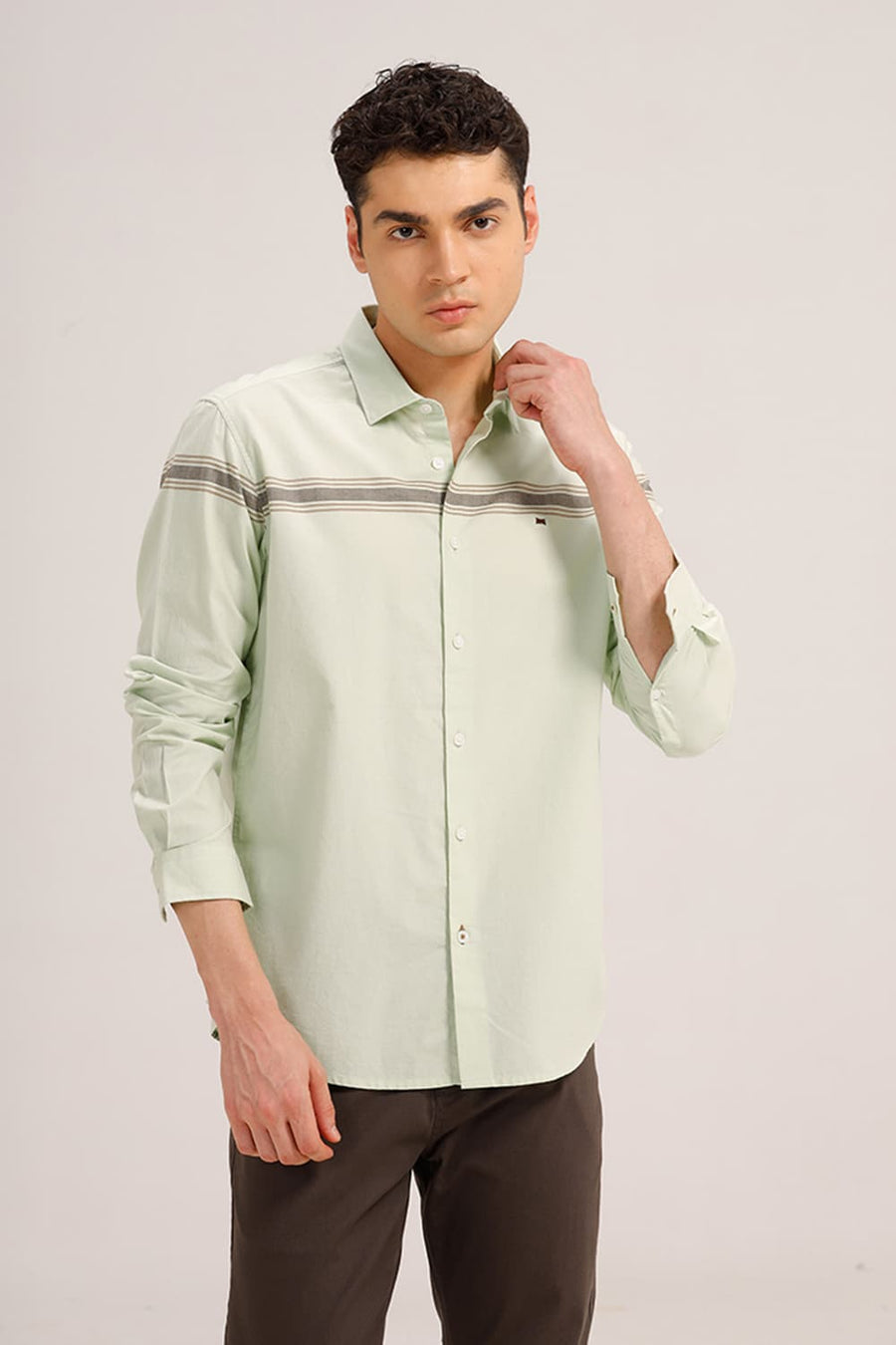 BASICS SLIM FIT SEAFOAM GREEN COTTON OXFORD ENGINEERING WEFT STRIPE SHIRT