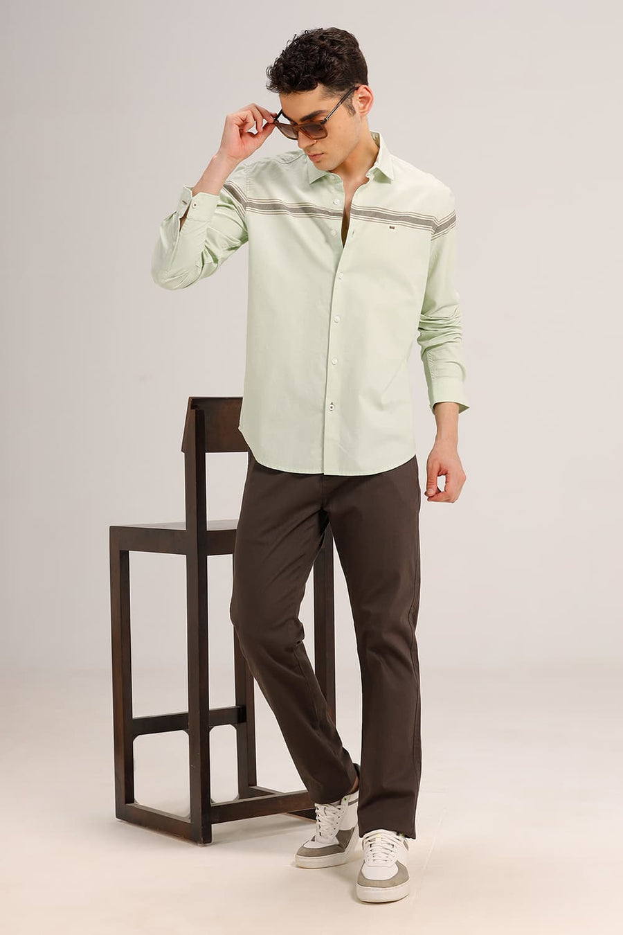 BASICS SLIM FIT SEAFOAM GREEN COTTON OXFORD ENGINEERING WEFT STRIPE SHIRT