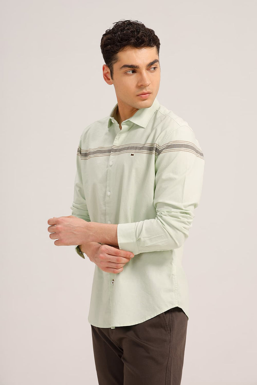BASICS SLIM FIT SEAFOAM GREEN COTTON OXFORD ENGINEERING WEFT STRIPE SHIRT