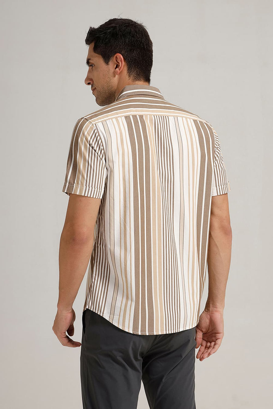 BASICS SLIM FIT KANGAROO OLIVE COTTON STRIPE HALFSLEEVES SHIRT