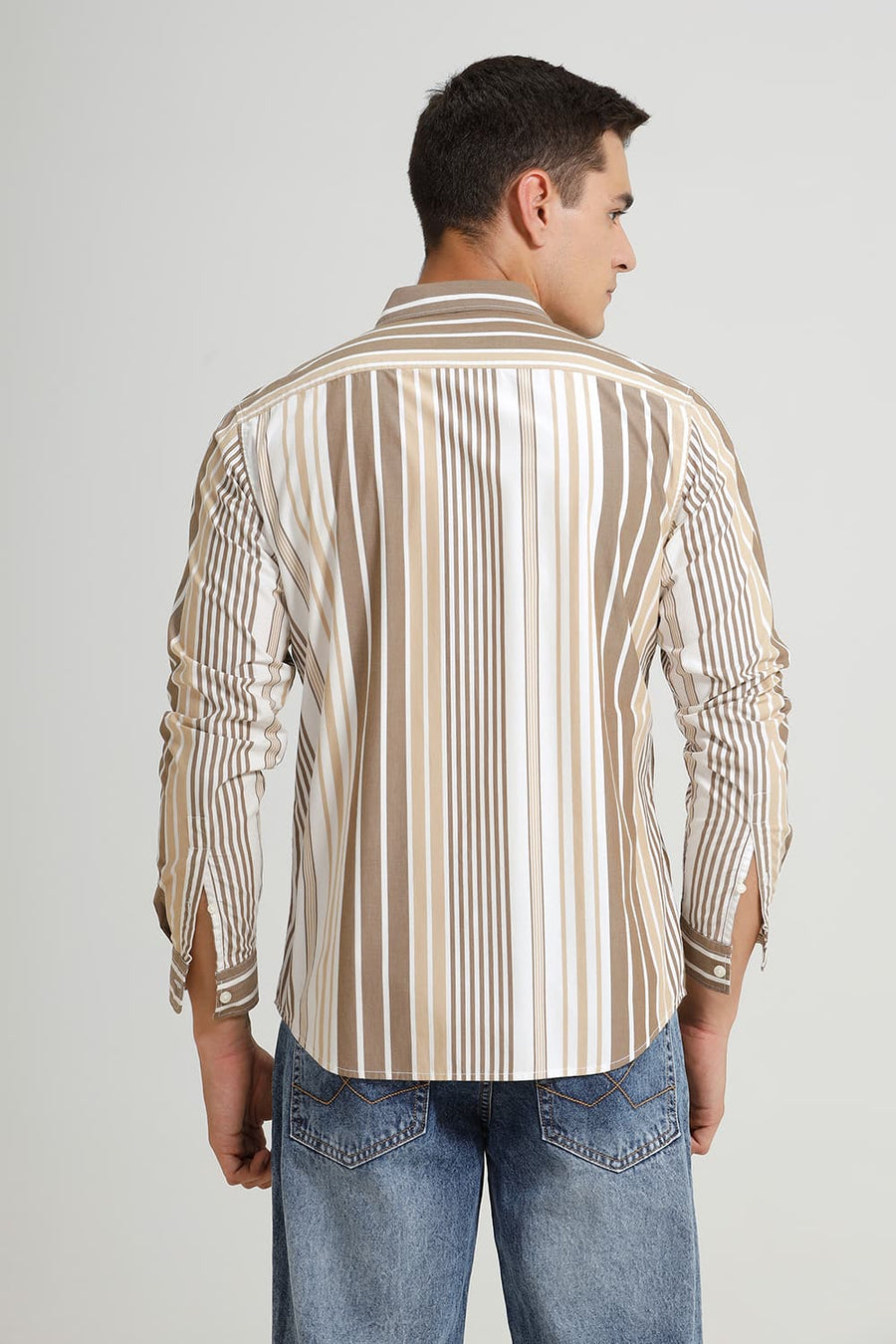 BASICS SLIM FIT KANGAROO OLIVE COTTON STRIPE SHIRT