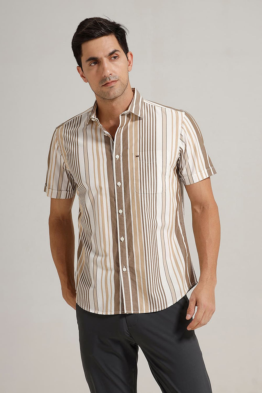 BASICS SLIM FIT KANGAROO OLIVE COTTON STRIPE HALFSLEEVES SHIRT