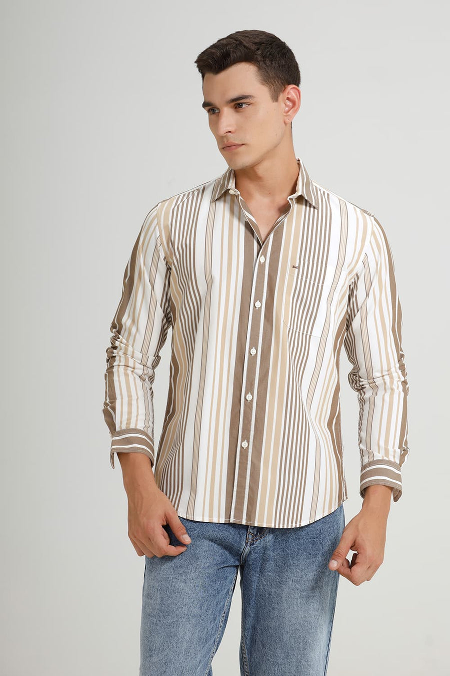 BASICS SLIM FIT KANGAROO OLIVE COTTON STRIPE SHIRT