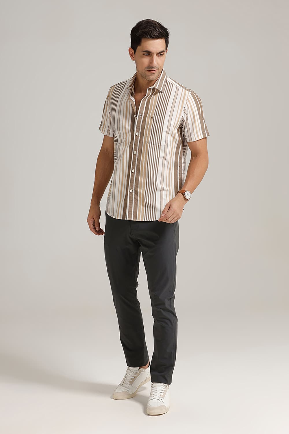 SLIM FIT COTTON STRIPE HALFSLEEVES SHIRT
