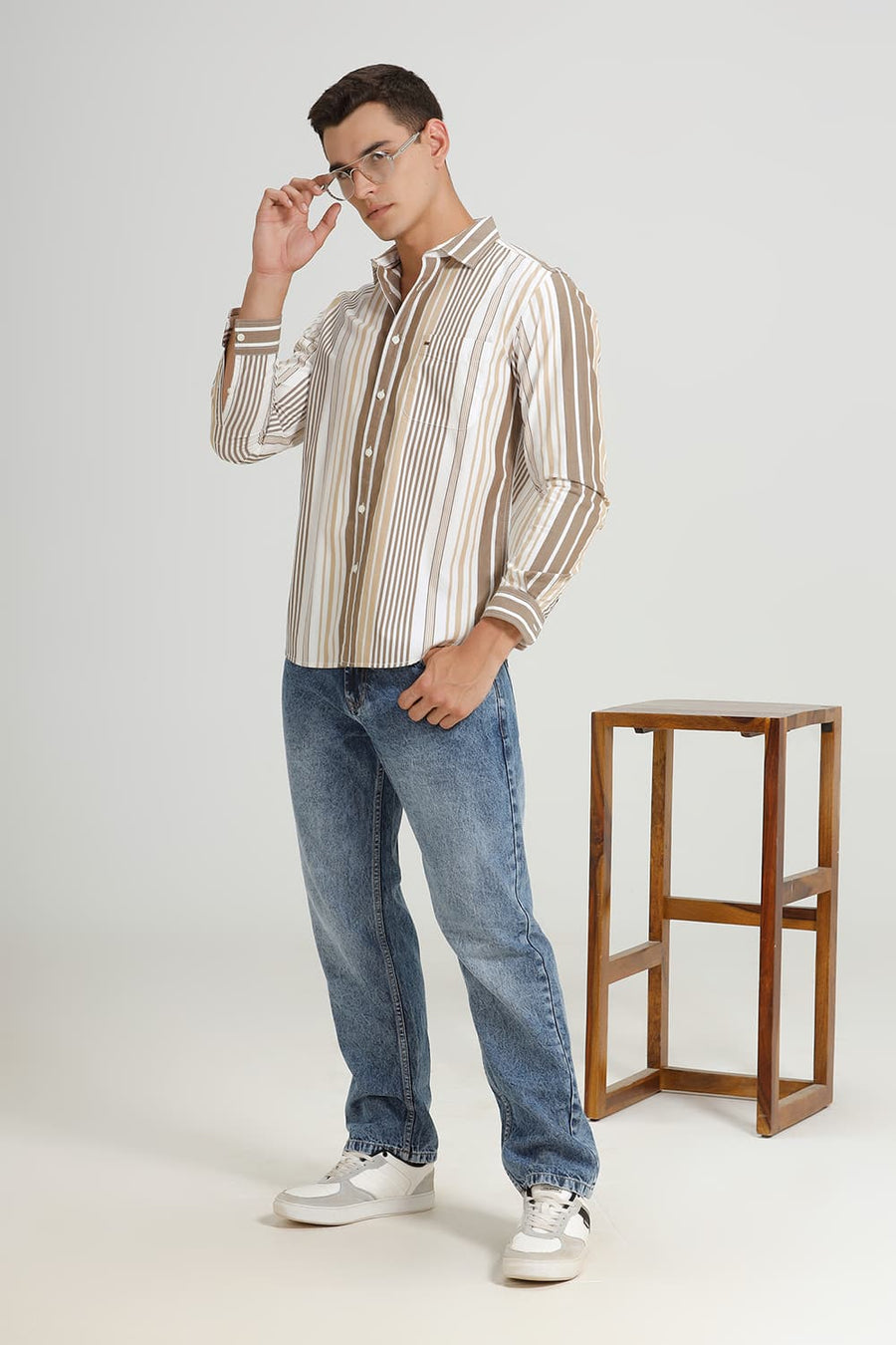 BASICS SLIM FIT KANGAROO OLIVE COTTON STRIPE SHIRT