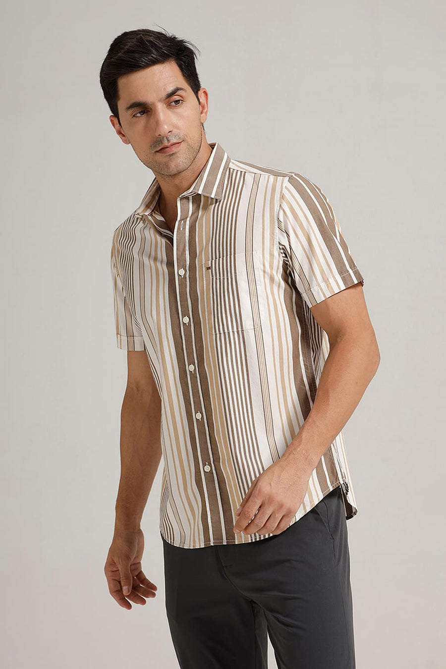 BASICS SLIM FIT KANGAROO OLIVE COTTON STRIPE HALFSLEEVES SHIRT