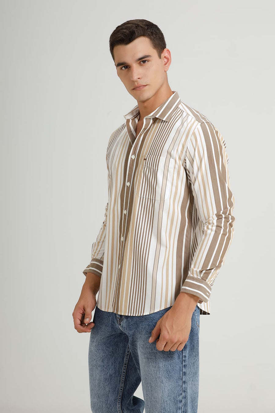 BASICS SLIM FIT KANGAROO OLIVE COTTON STRIPE SHIRT