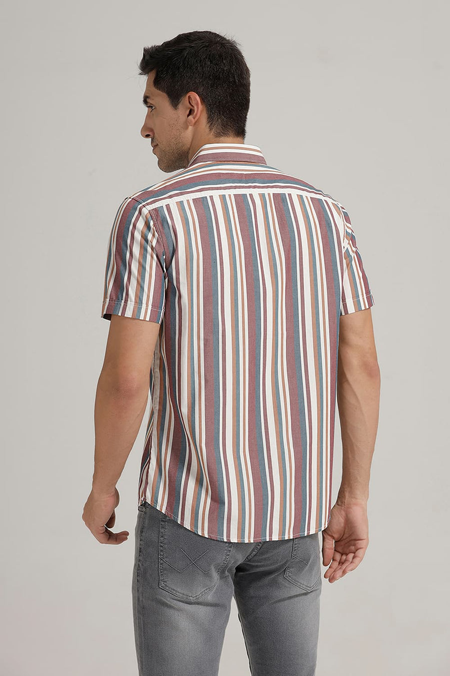 BASICS SLIM FIT NEW MAROON COTTON STRIPE HALFSLEEVES SHIRT