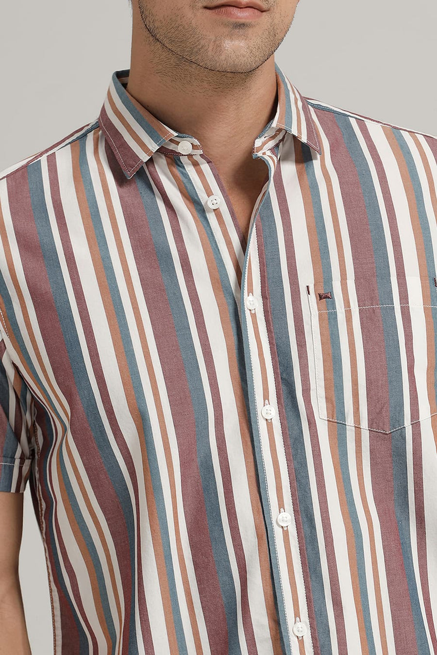 BASICS SLIM FIT NEW MAROON COTTON STRIPE HALFSLEEVES SHIRT