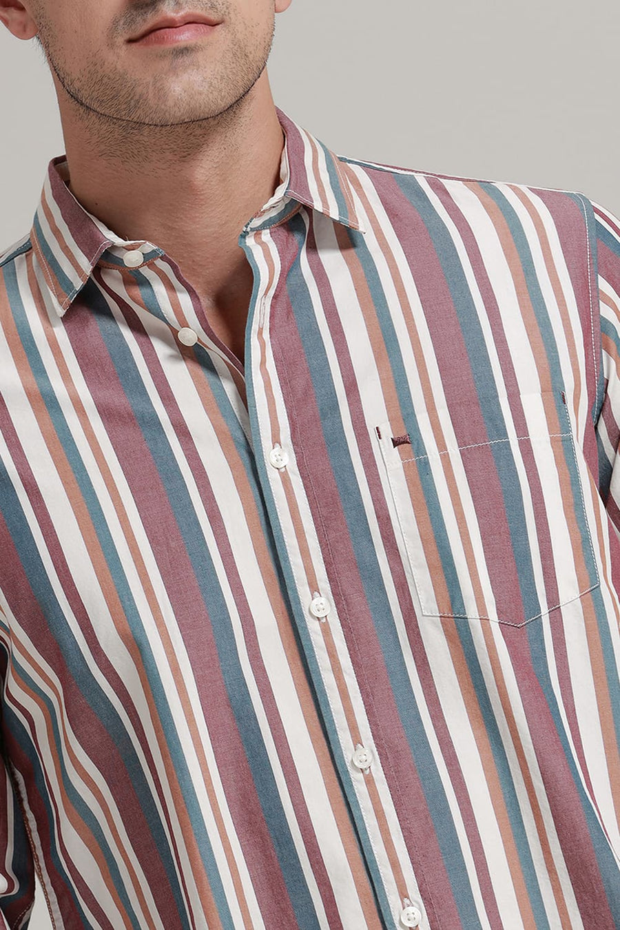 BASICS SLIM FIT NEW MAROON COTTON STRIPE SHIRT
