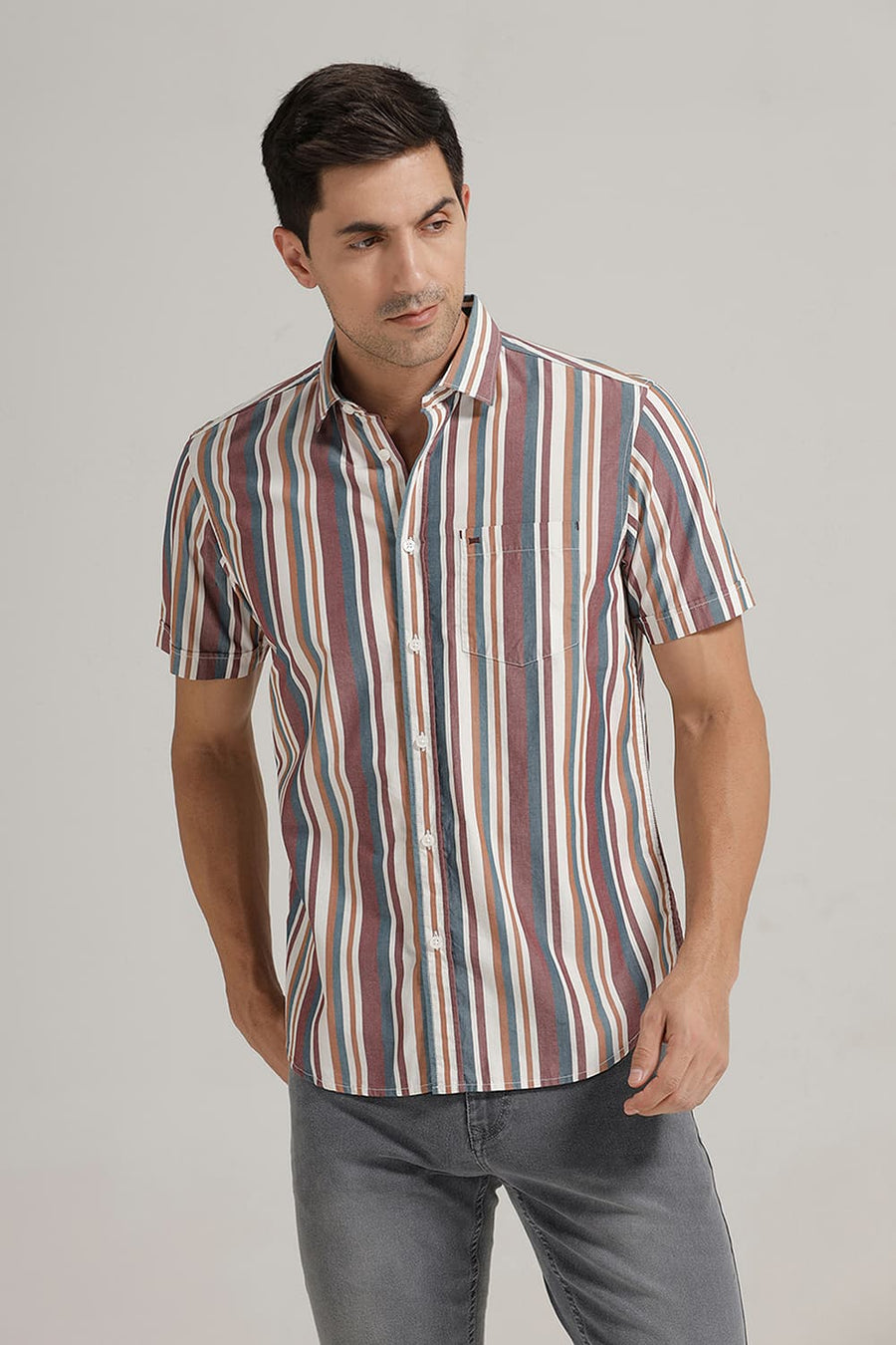 BASICS SLIM FIT NEW MAROON COTTON STRIPE HALFSLEEVES SHIRT