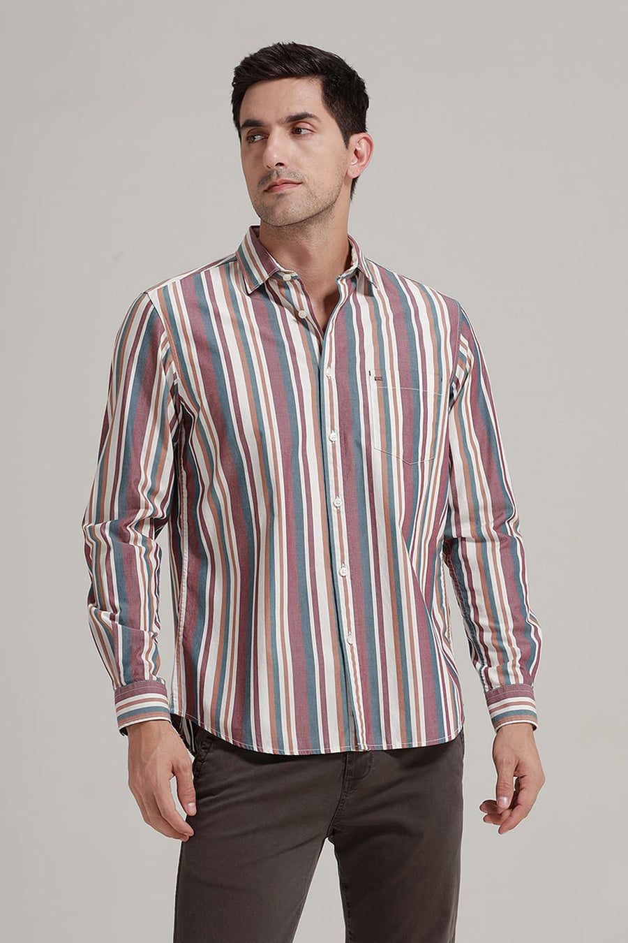 BASICS SLIM FIT NEW MAROON COTTON STRIPE SHIRT