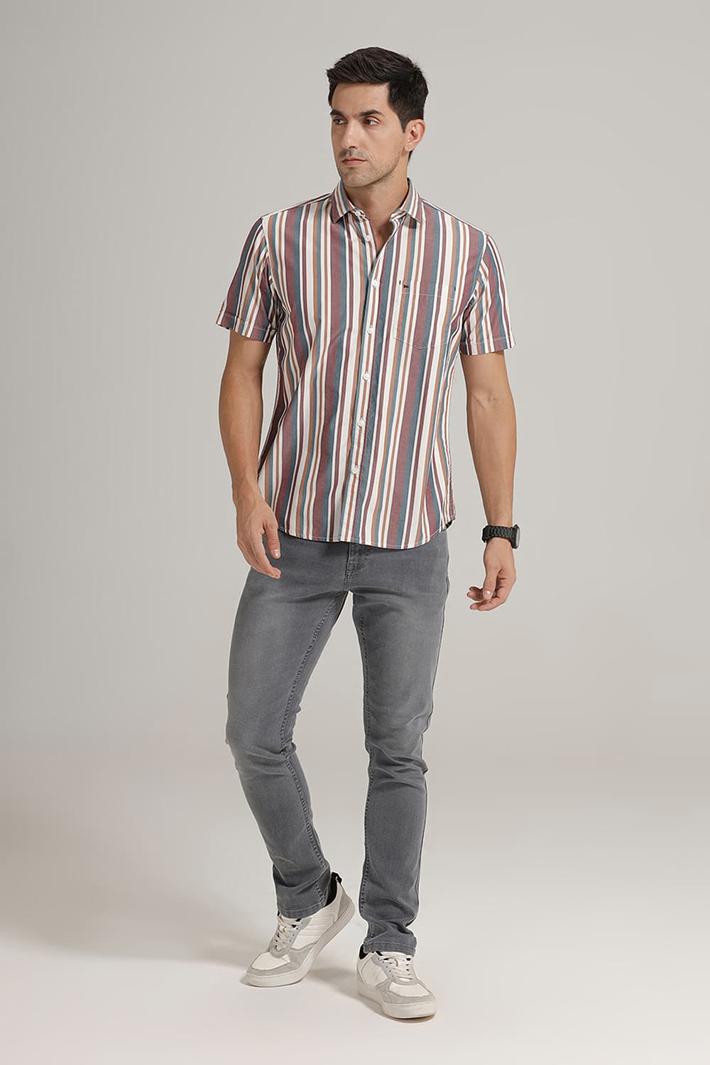 SLIM FIT COTTON STRIPE HALFSLEEVES SHIRT