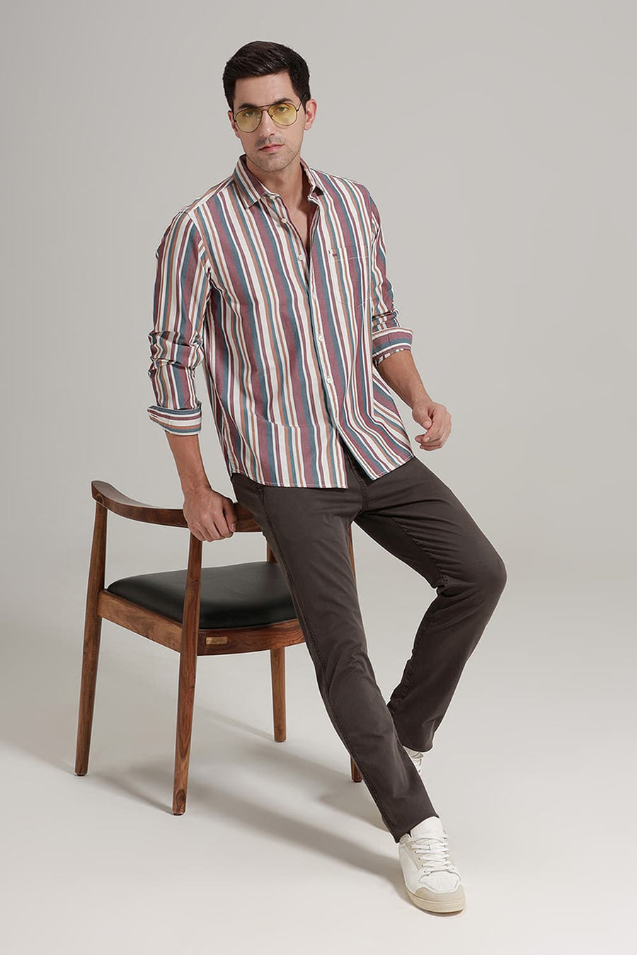 BASICS SLIM FIT NEW MAROON COTTON STRIPE SHIRT