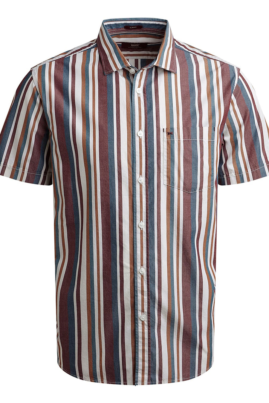 BASICS SLIM FIT NEW MAROON COTTON STRIPE HALFSLEEVES SHIRT