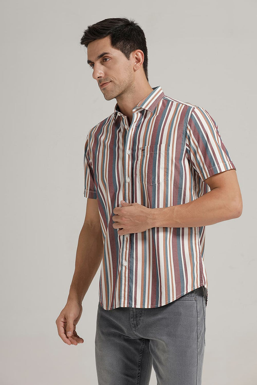 BASICS SLIM FIT NEW MAROON COTTON STRIPE HALFSLEEVES SHIRT