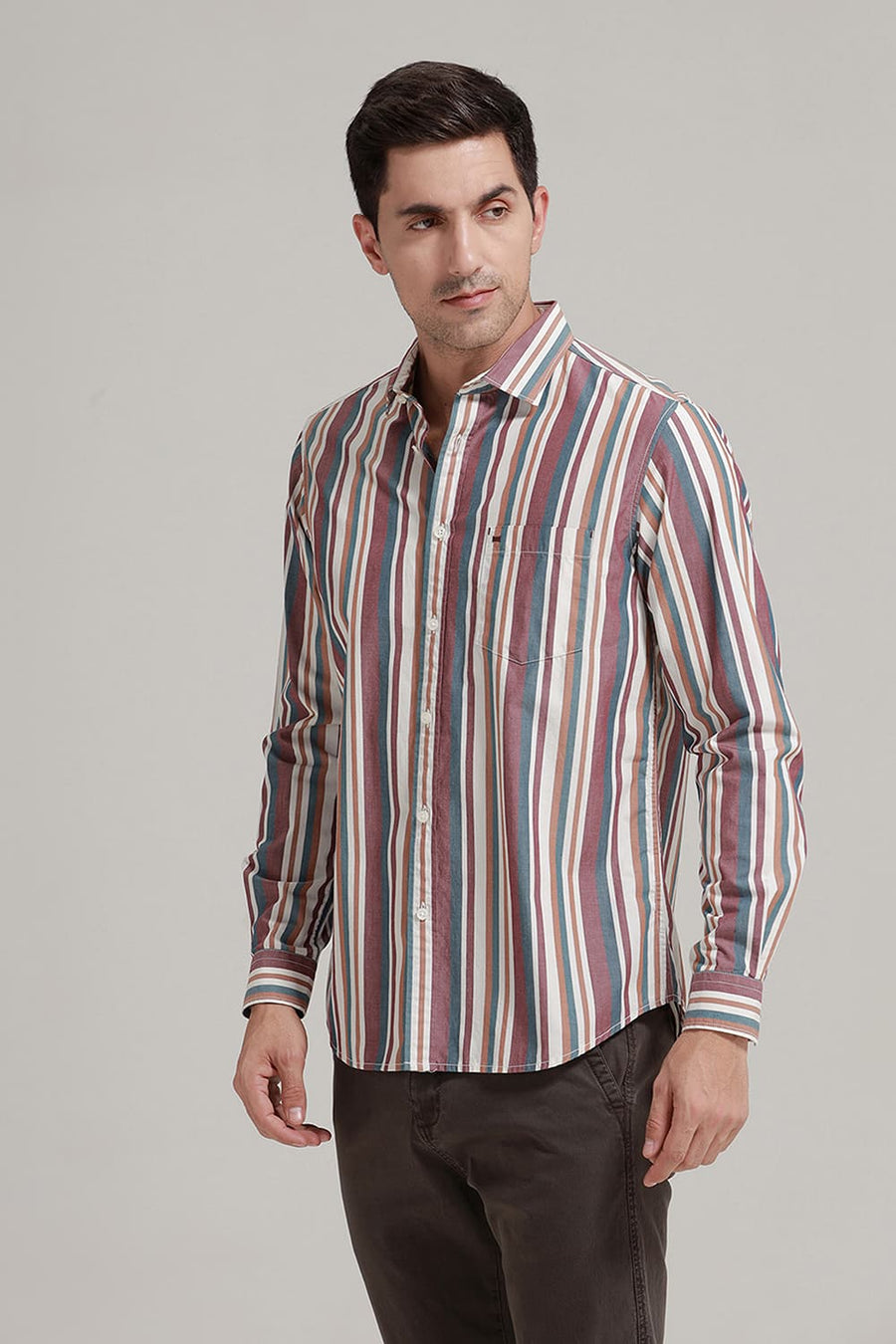 BASICS SLIM FIT NEW MAROON COTTON STRIPE SHIRT