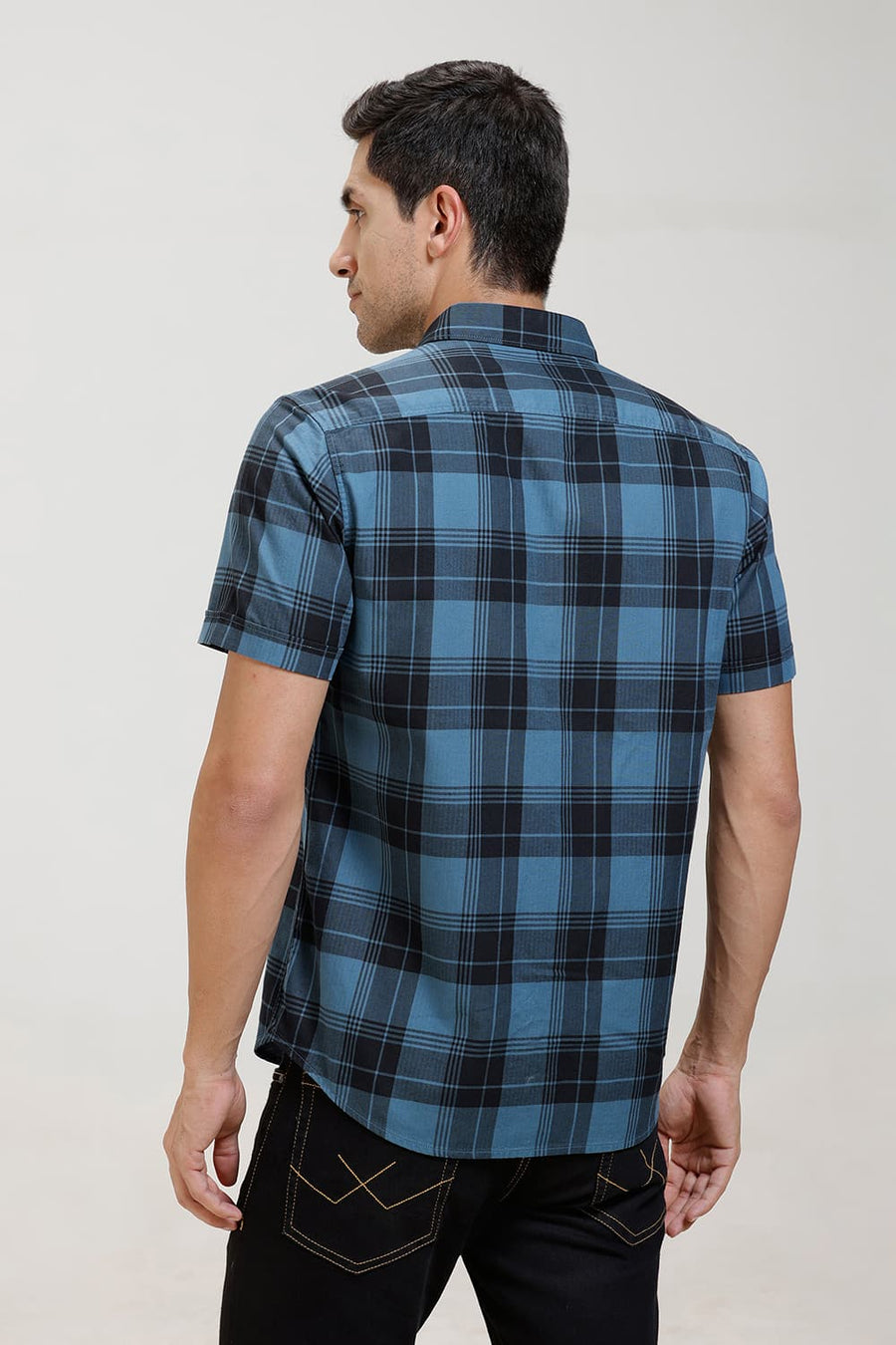 BASICS SLIM FIT BLUE HEAVEN COTTON HERRING BONE CHECKS HALFSLEEVES SHIRT