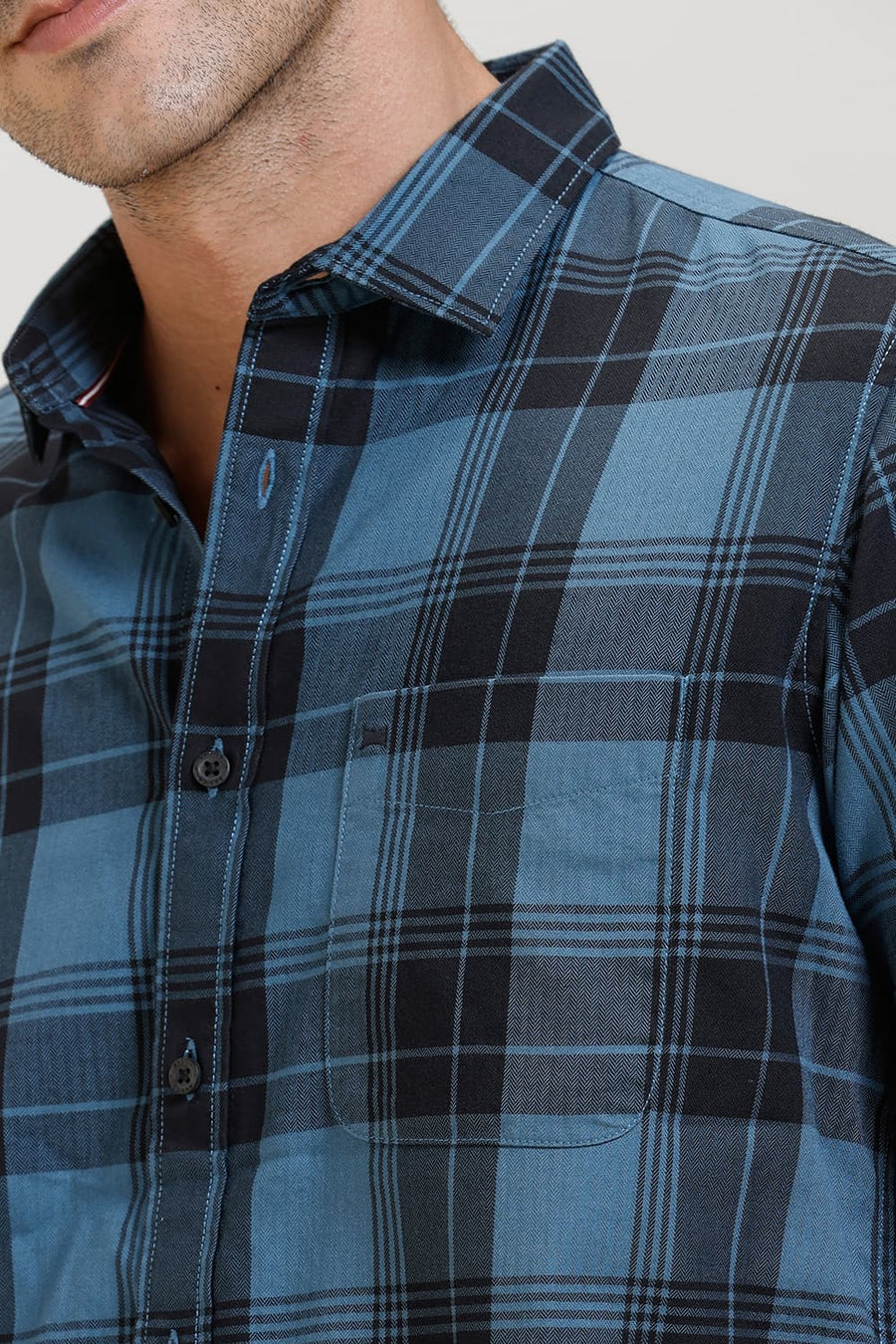 BASICS SLIM FIT BLUE HEAVEN COTTON HERRING BONE CHECKS HALFSLEEVES SHIRT