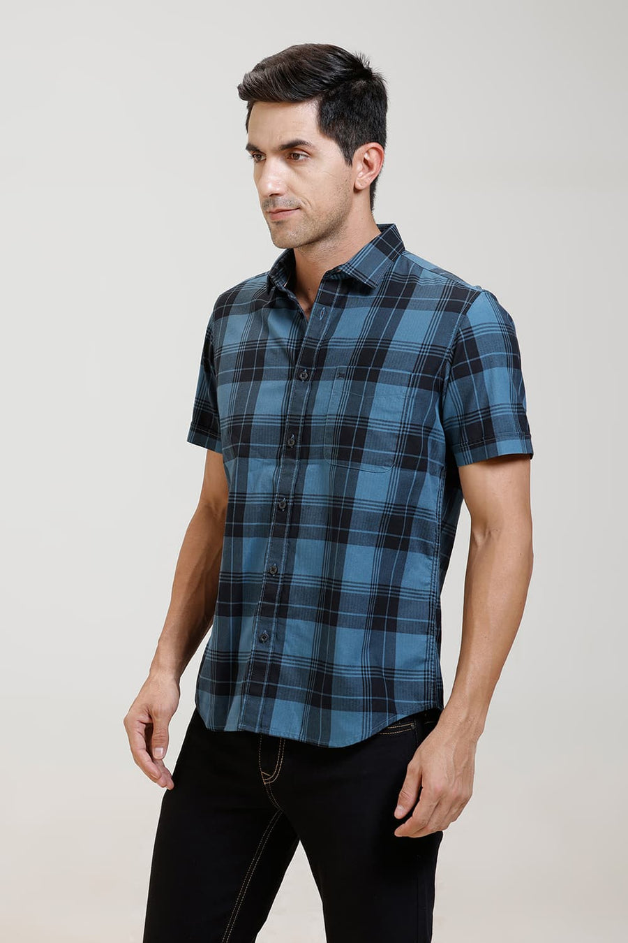 BASICS SLIM FIT BLUE HEAVEN COTTON HERRING BONE CHECKS HALFSLEEVES SHIRT