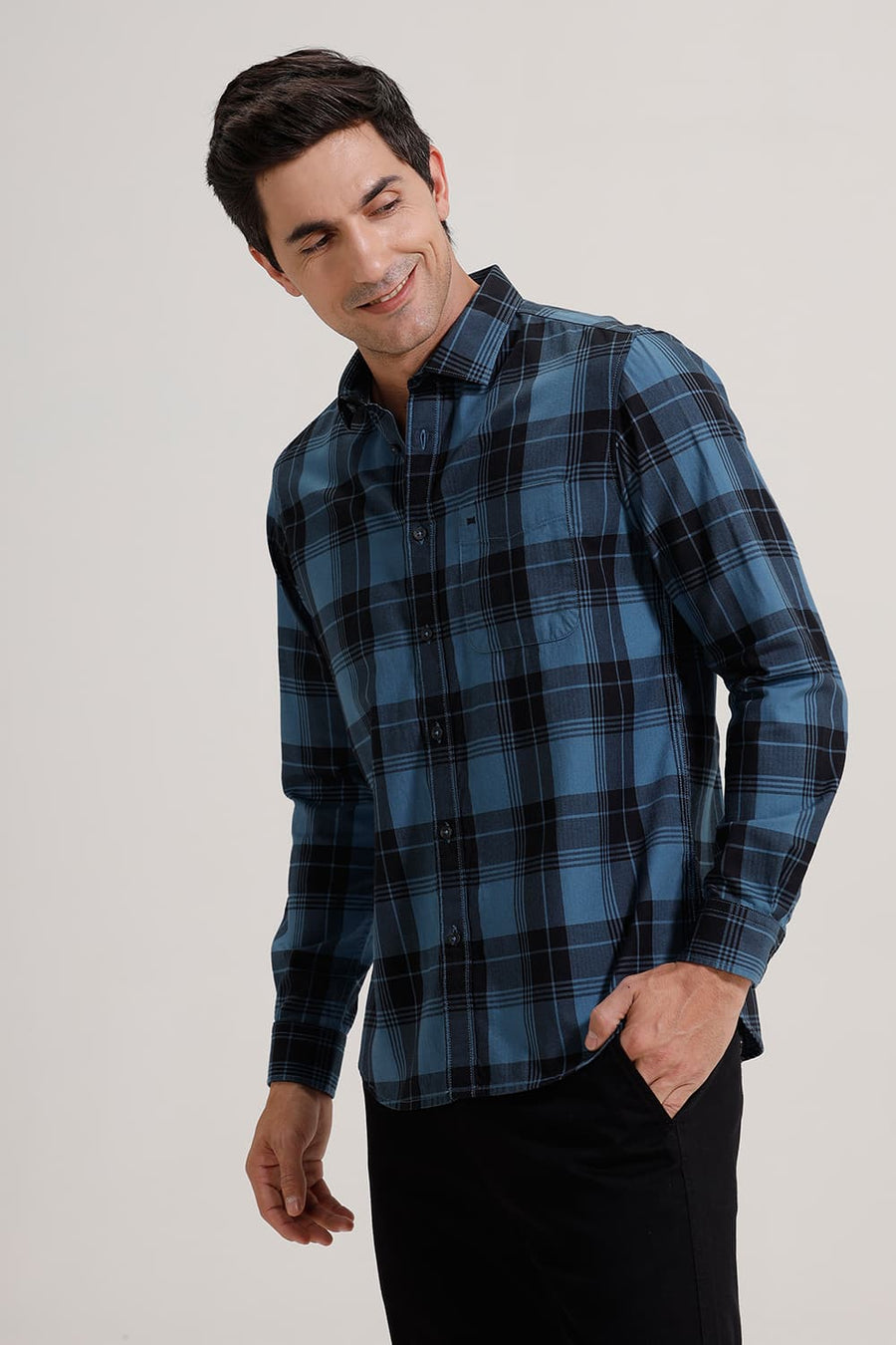 BASICS SLIM FIT BLUE HEAVEN COTTON HERRING BONE CHECKS SHIRT