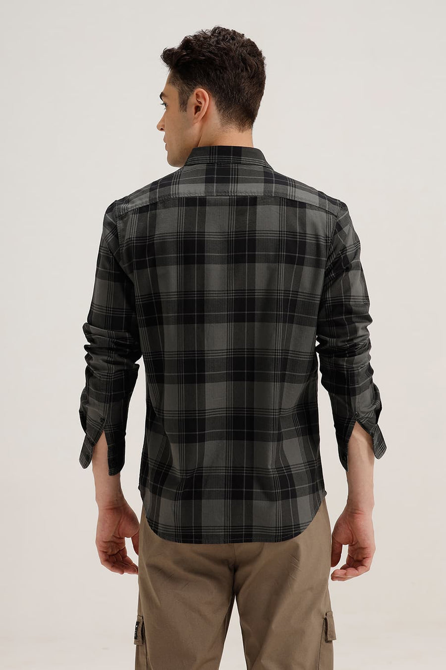 BASICS SLIM FIT IRON GREY COTTON HERRING BONE CHECKS SHIRT