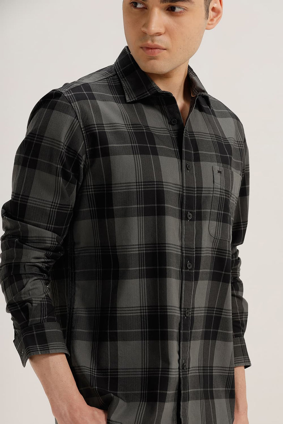 BASICS SLIM FIT IRON GREY COTTON HERRING BONE CHECKS SHIRT