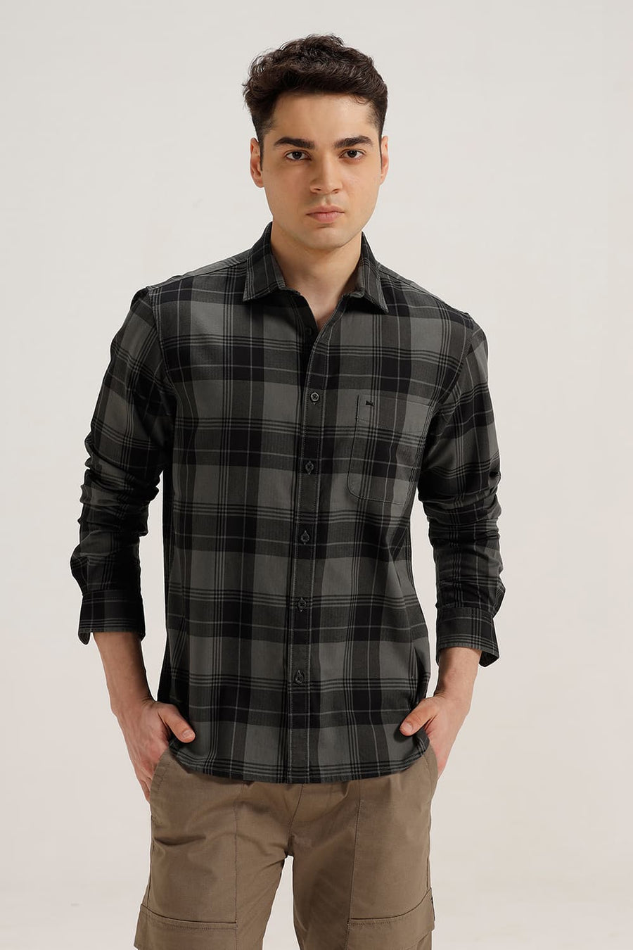 BASICS SLIM FIT IRON GREY COTTON HERRING BONE CHECKS SHIRT