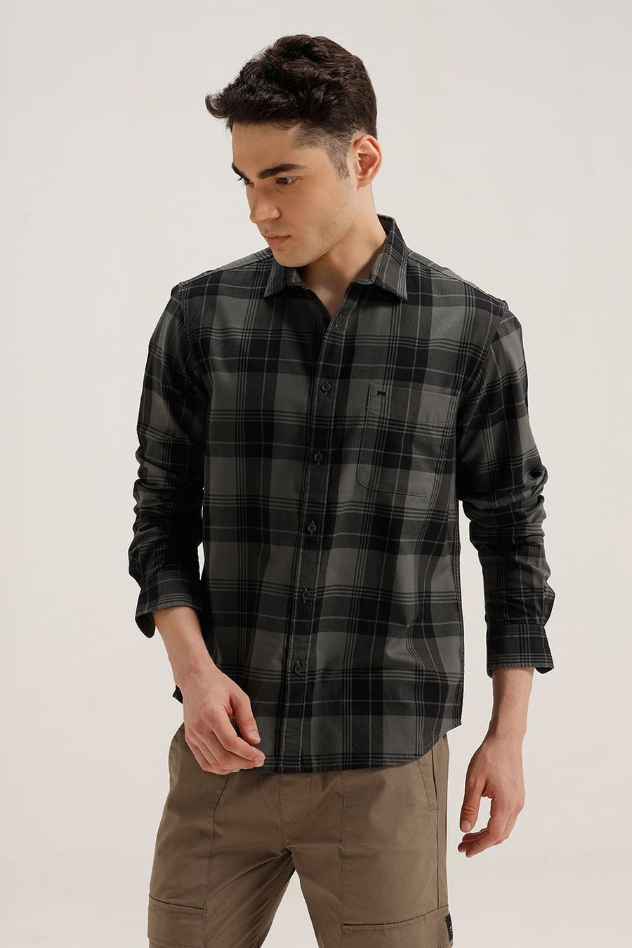 BASICS SLIM FIT IRON GREY COTTON HERRING BONE CHECKS SHIRT