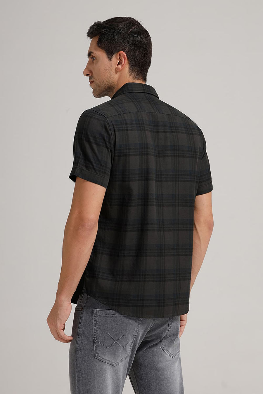 BASICS SLIM FIT GREY VELVET COTTON HERRING BONE CHECKS HALFSLEEVES SHIRT