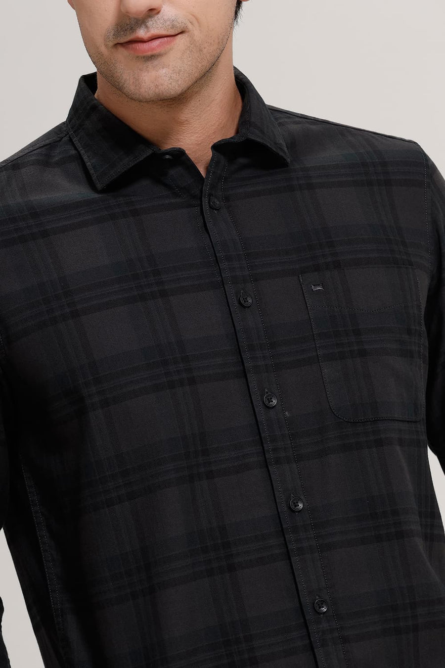 BASICS SLIM FIT GREY VELVET COTTON HERRING BONE CHECKS SHIRT