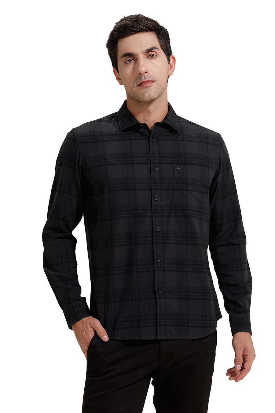 BASICS SLIM FIT GREY VELVET COTTON HERRING BONE CHECKS SHIRT