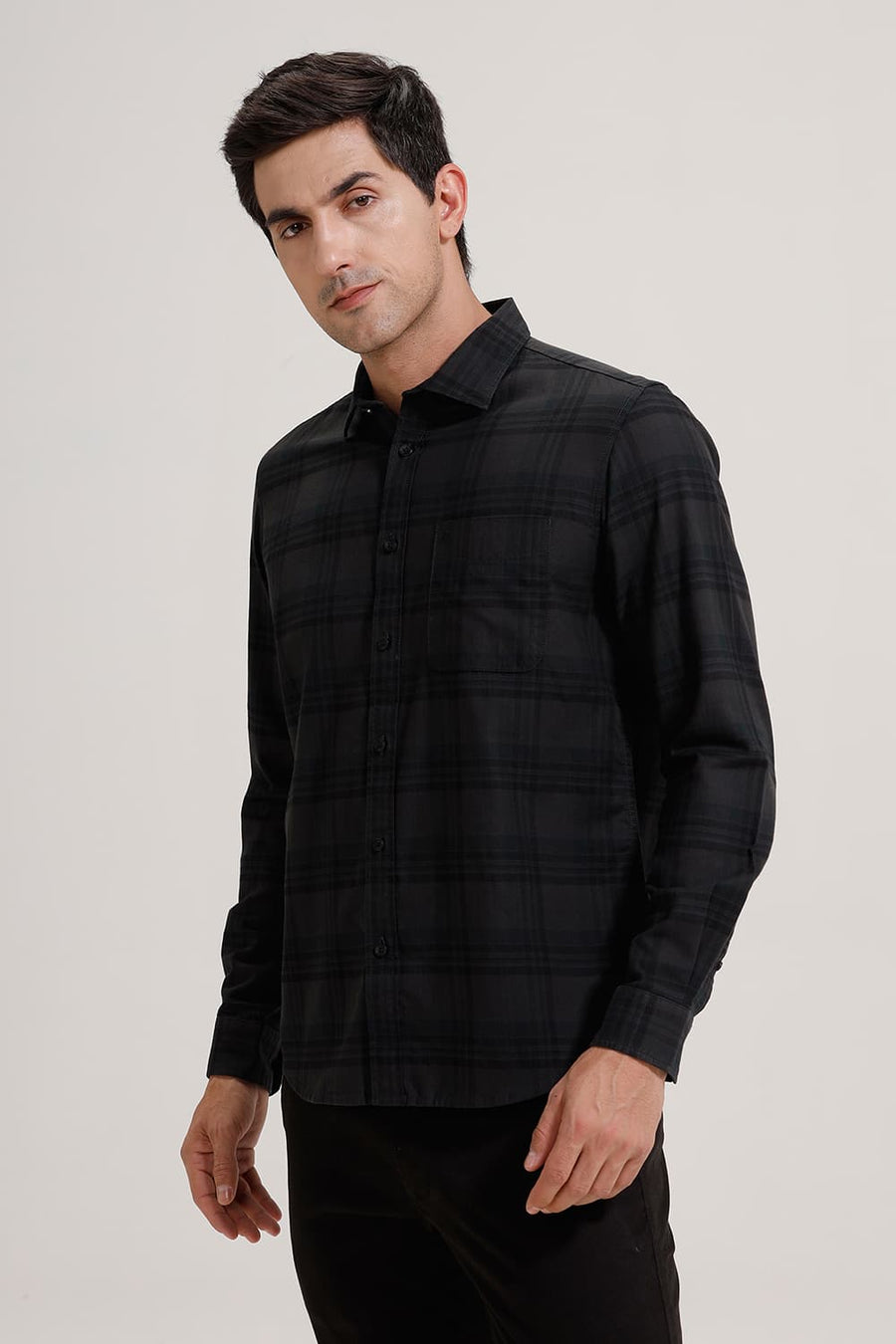 BASICS SLIM FIT GREY VELVET COTTON HERRING BONE CHECKS SHIRT