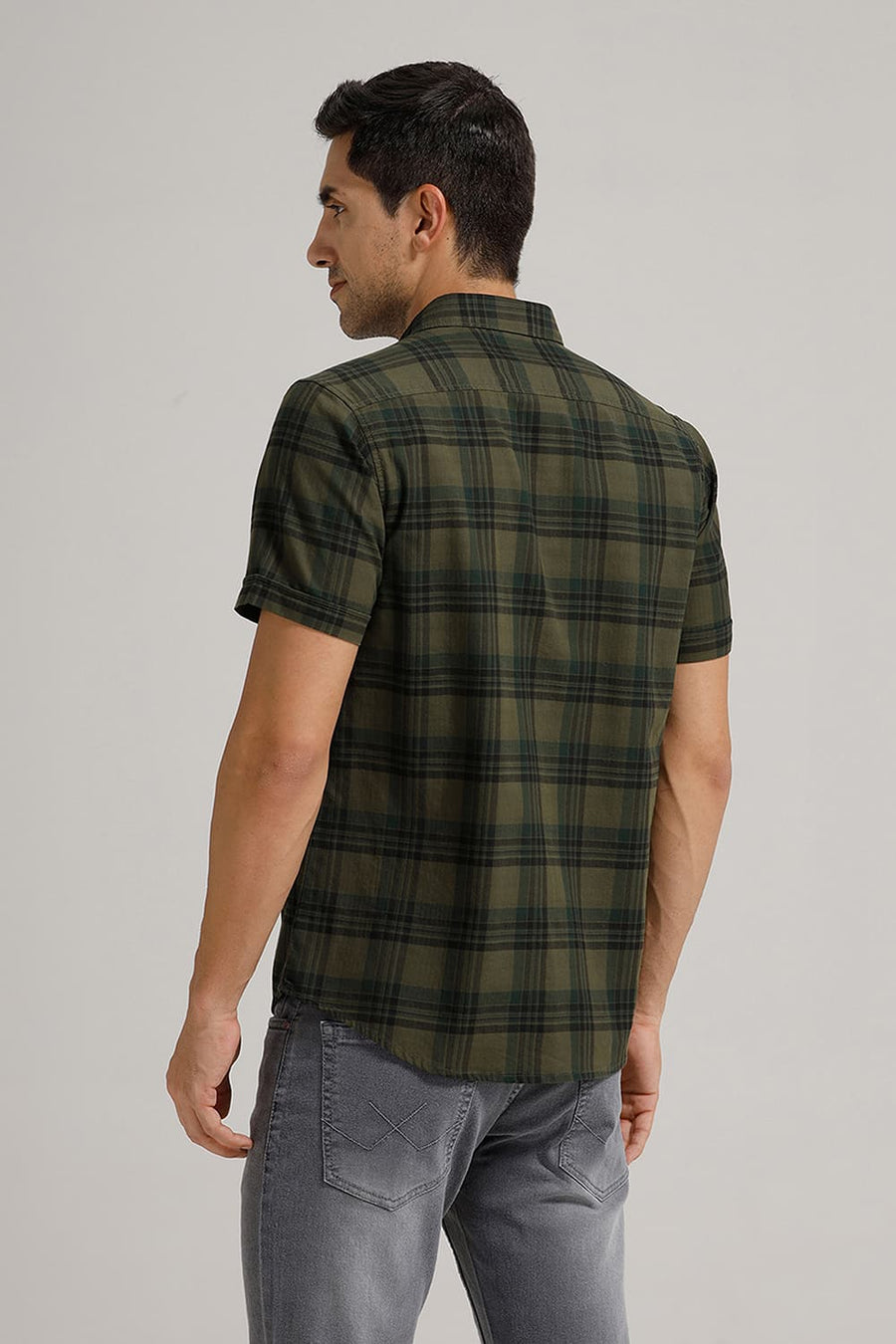 BASICS SLIM FIT THYME OLIVE COTTON HERRING BONE CHECKS HALFSLEEVES SHIRT