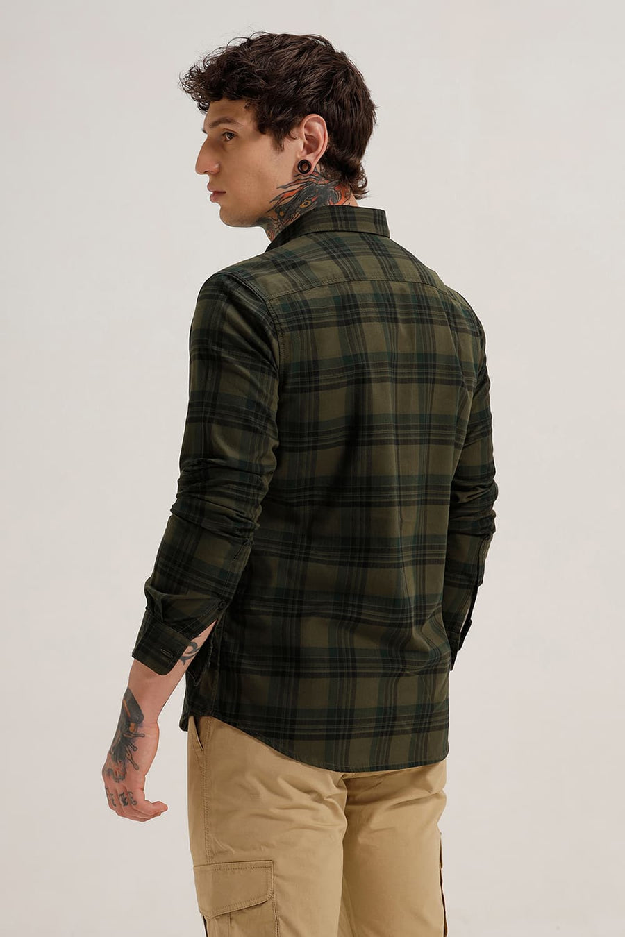 BASICS SLIM FIT THYME OLIVE COTTON HERRING BONE CHECKS SHIRT
