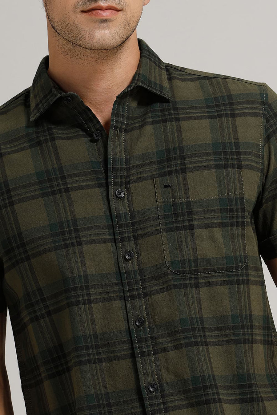 BASICS SLIM FIT THYME OLIVE COTTON HERRING BONE CHECKS HALFSLEEVES SHIRT