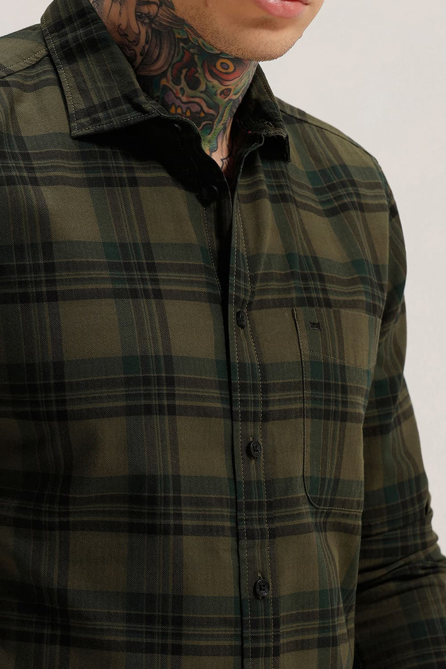 BASICS SLIM FIT THYME OLIVE COTTON HERRING BONE CHECKS SHIRT