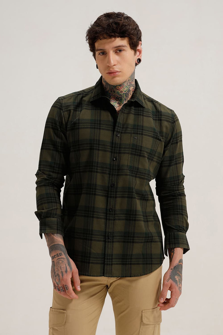 BASICS SLIM FIT THYME OLIVE COTTON HERRING BONE CHECKS SHIRT