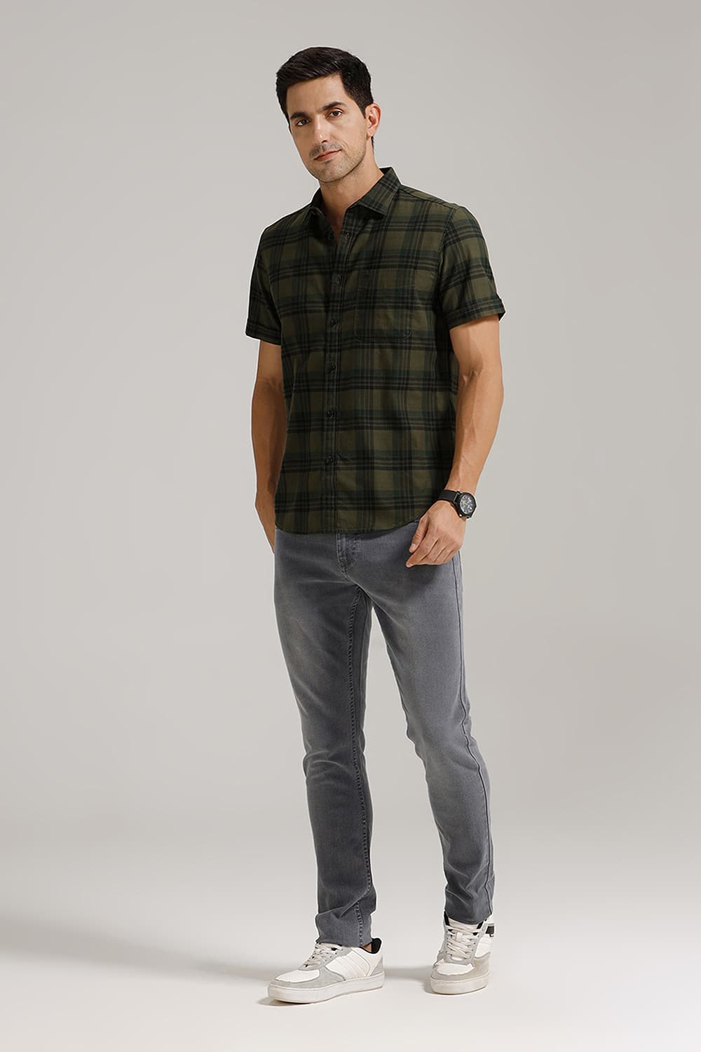 SLIM FIT COTTON HERRING BONE CHECKS HALFSLEEVES SHIRT